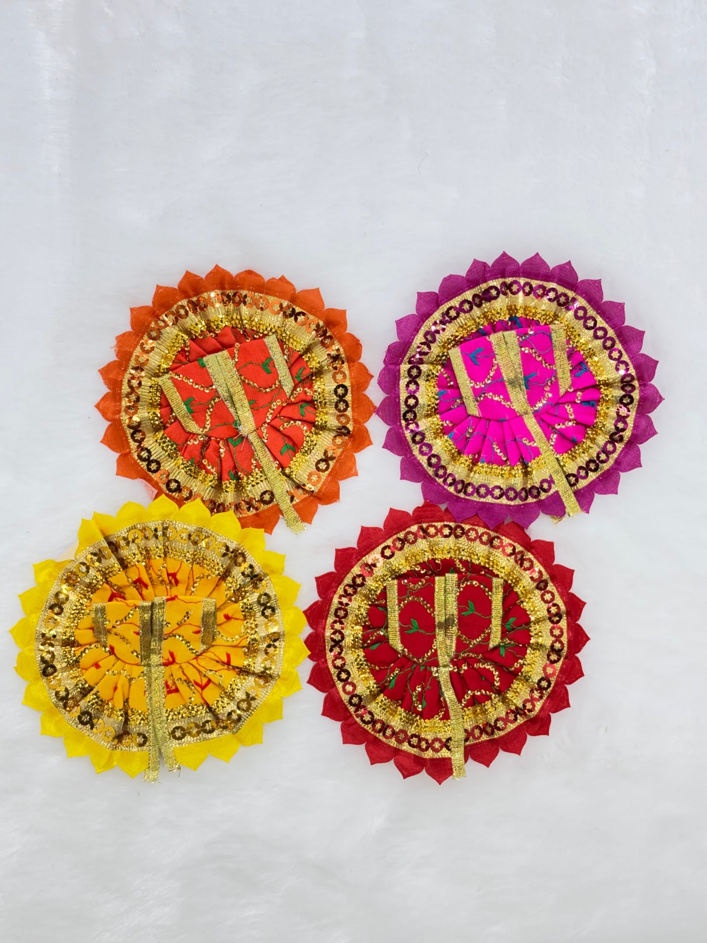 Multicolour Laddu Gopal Dress (Size 2 No.) | Pack Of 4 Beautiful Dress | With Mala & Mukut) | Yellow, Orange, Pink, Red